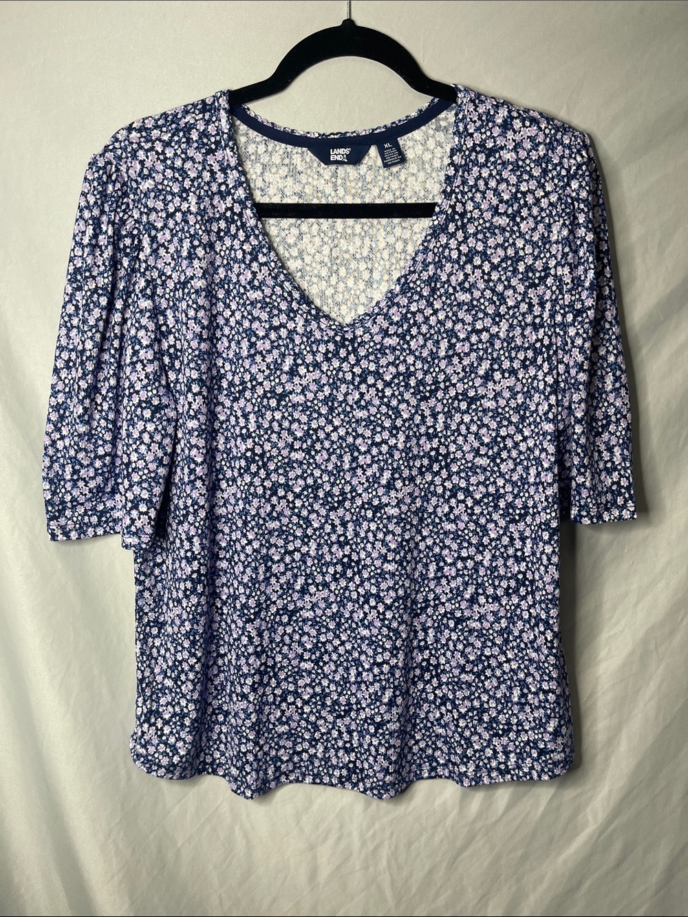 Lands' End Navy and Light Purple Floral V-Neck Short Sleeve Top